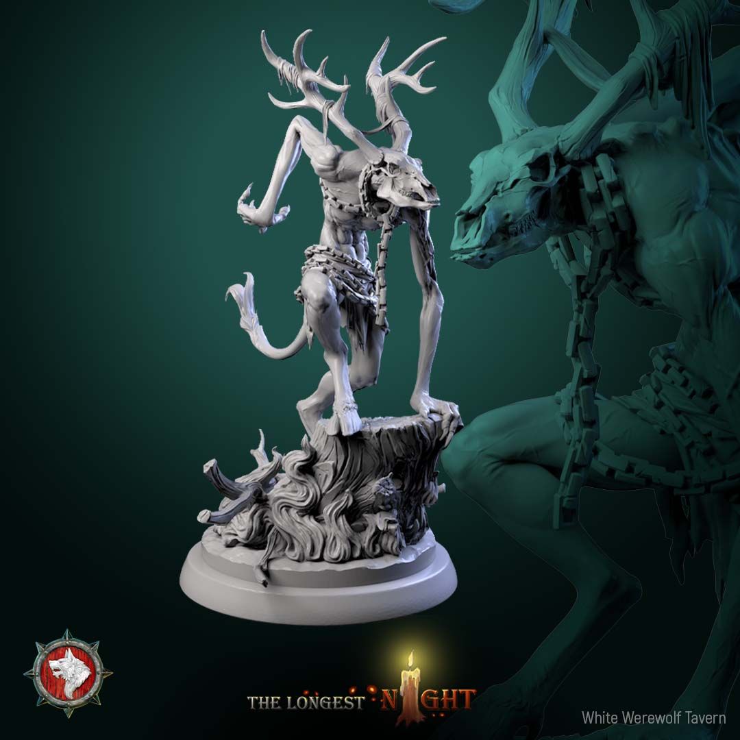 Render of Wendigo | 32-75mm Winter Horror Monster Miniature: Emaciated antlered wendigo with deer-skull face and chained talisman, from White Werewolf's The Longest Night. 32-75mm 3D printed resin monster miniature.