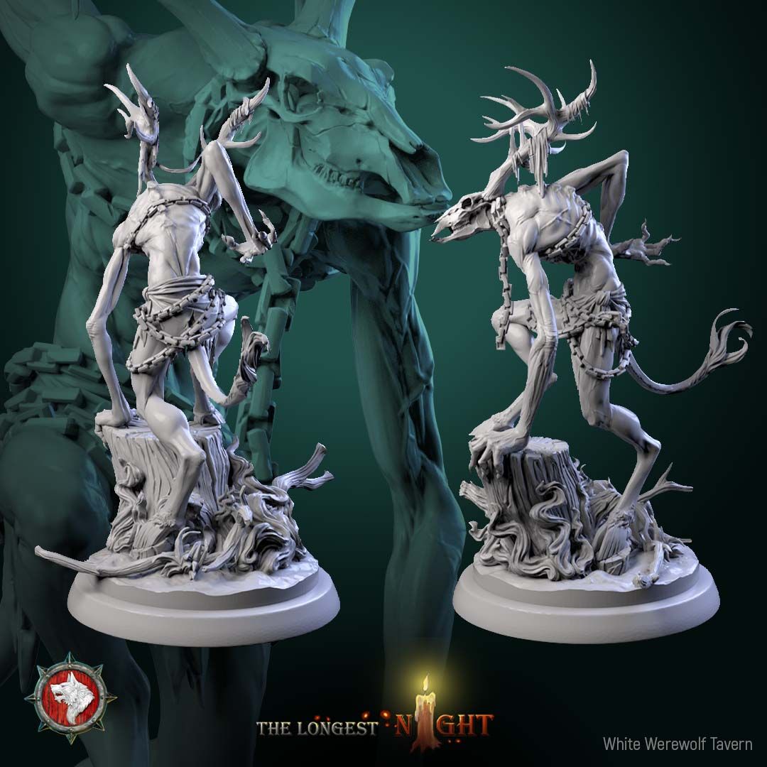 Render of Wendigo | 32-75mm Winter Horror Monster Miniature: Emaciated antlered wendigo with deer-skull face and chained talisman, from White Werewolf's The Longest Night. 32-75mm 3D printed resin monster miniature.