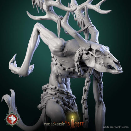 Render of Wendigo | 32-75mm Winter Horror Monster Miniature: Emaciated antlered wendigo with deer-skull face and chained talisman, from White Werewolf's The Longest Night. 32-75mm 3D printed resin monster miniature.