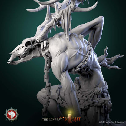 Render of Wendigo | 32-75mm Winter Horror Monster Miniature: Emaciated antlered wendigo with deer-skull face and chained talisman, from White Werewolf's The Longest Night. 32-75mm 3D printed resin monster miniature.