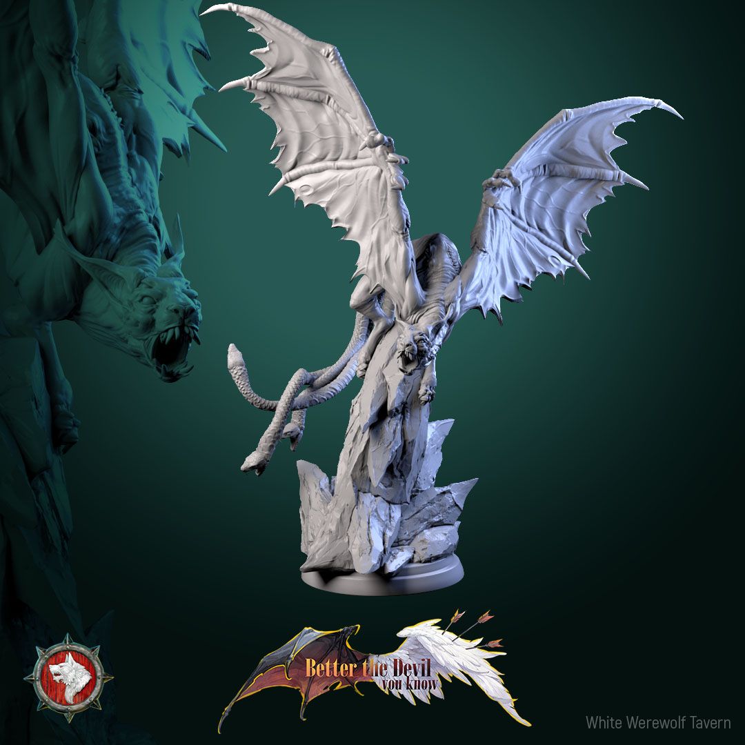 Render of Winged Hellcat | 32mm Demon Cat Miniature: Bat-winged skinless hellcat with serpent tails on a crag, from White Werewolf's Better the Devil You Know. 32mm 3D printed resin fiend miniature.