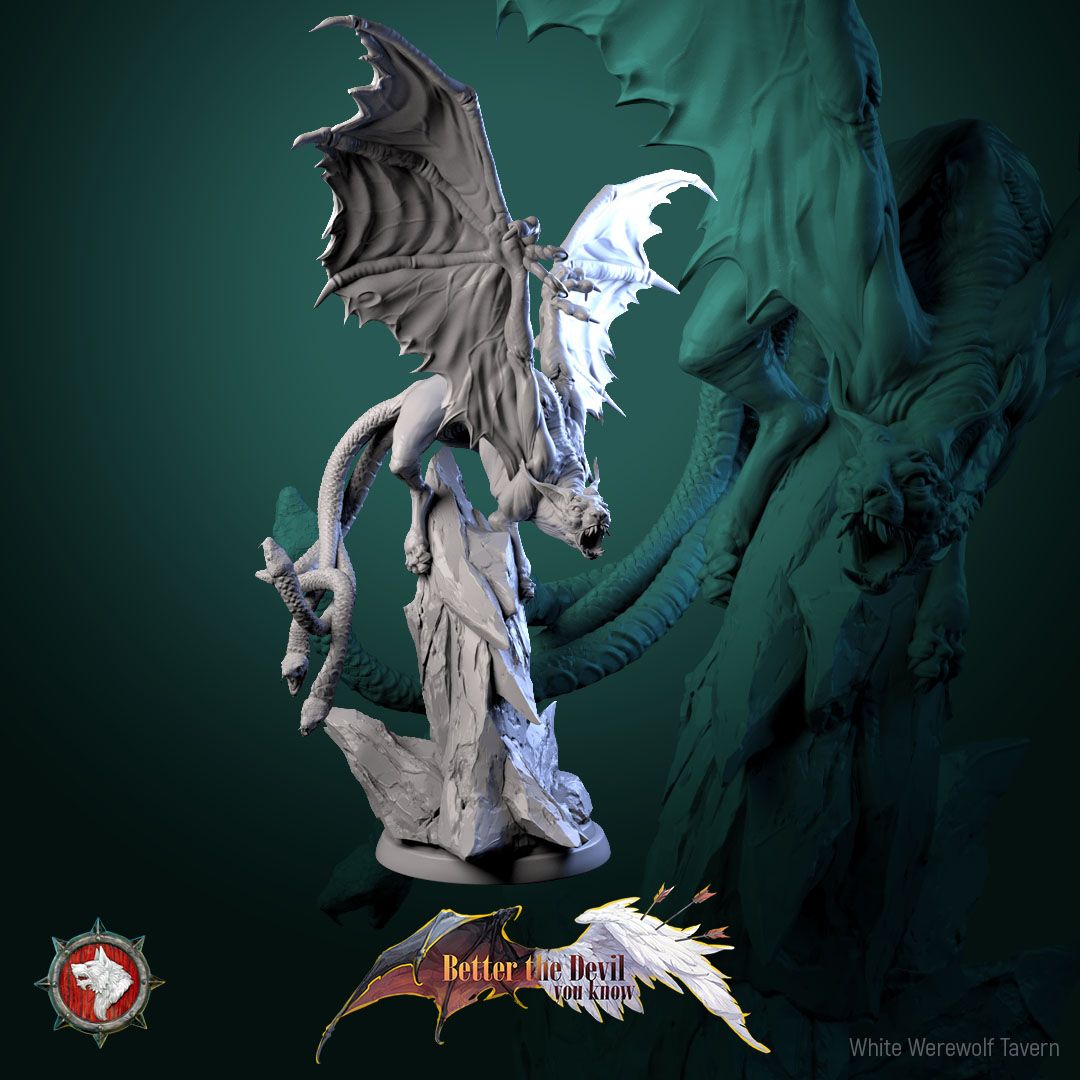 Render of Winged Hellcat | 32mm Demon Cat Miniature: Bat-winged skinless hellcat with serpent tails on a crag, from White Werewolf's Better the Devil You Know. 32mm 3D printed resin fiend miniature.