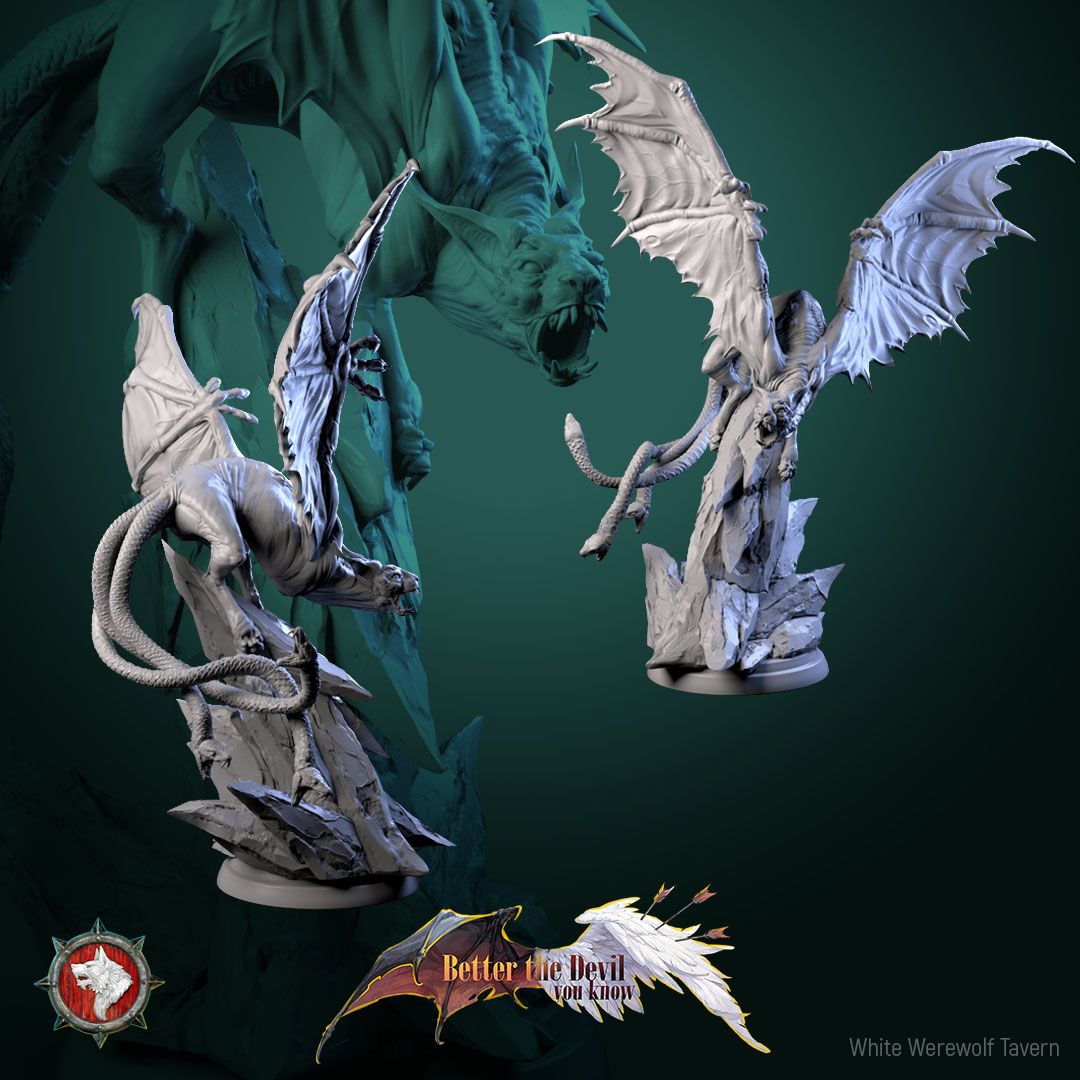 Render of Winged Hellcat | 32mm Demon Cat Miniature: Bat-winged skinless hellcat with serpent tails on a crag, from White Werewolf's Better the Devil You Know. 32mm 3D printed resin fiend miniature.
