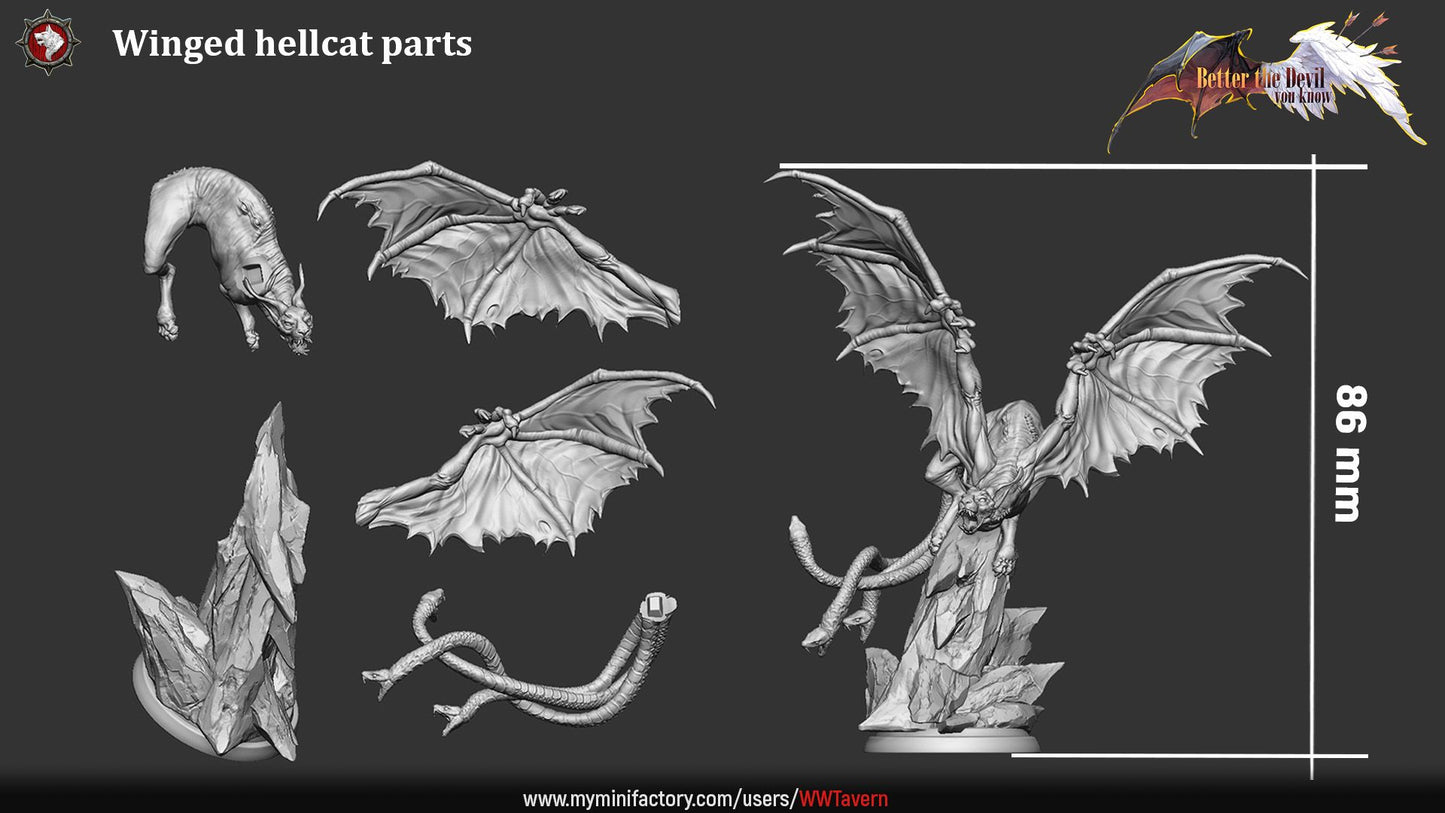 Render of Winged Hellcat | 32mm Demon Cat Miniature: Bat-winged skinless hellcat with serpent tails on a crag, from White Werewolf's Better the Devil You Know. 32mm 3D printed resin fiend miniature.