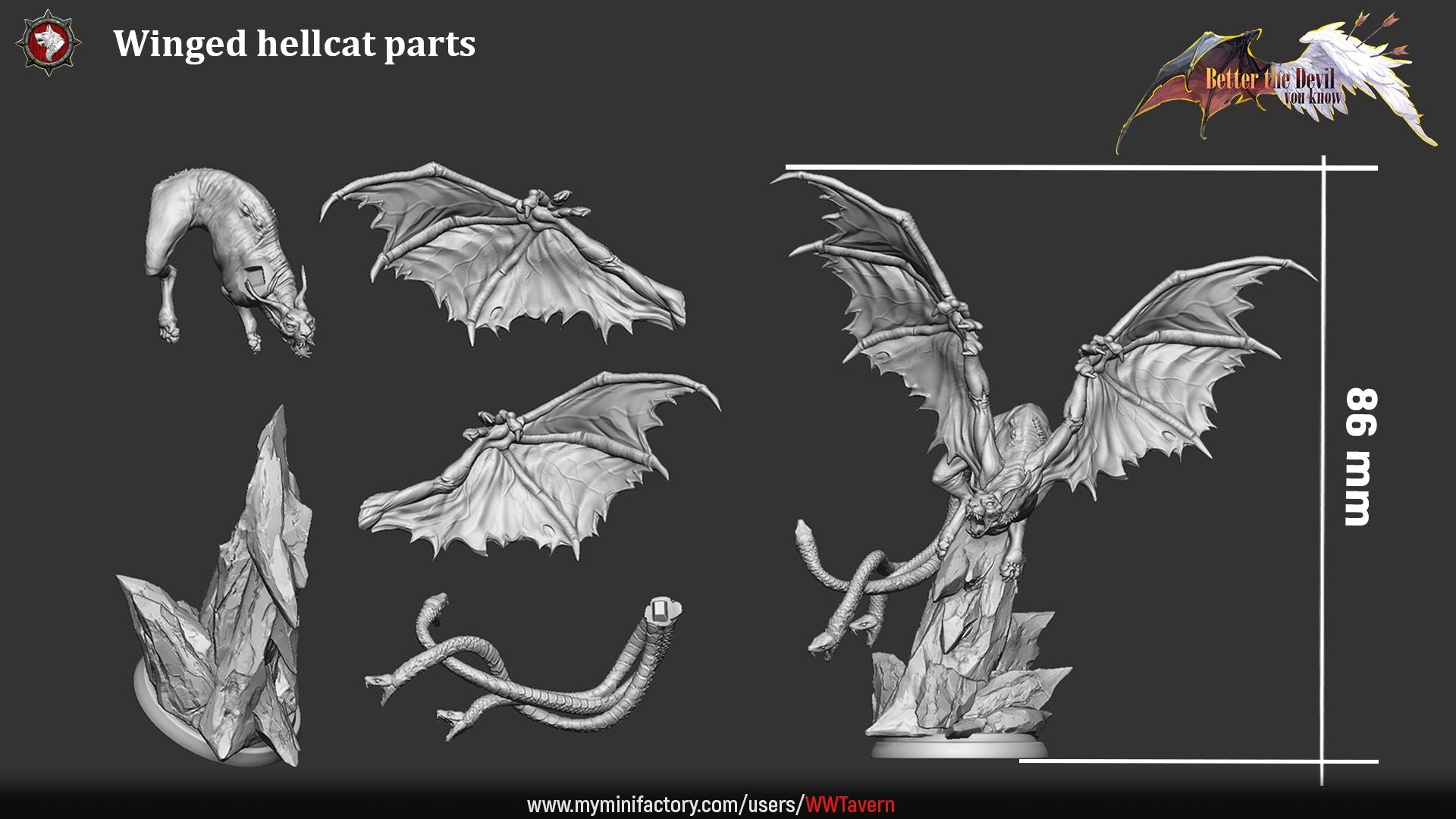 Render of Winged Hellcat | 32mm Demon Cat Miniature: Bat-winged skinless hellcat with serpent tails on a crag, from White Werewolf's Better the Devil You Know. 32mm 3D printed resin fiend miniature.