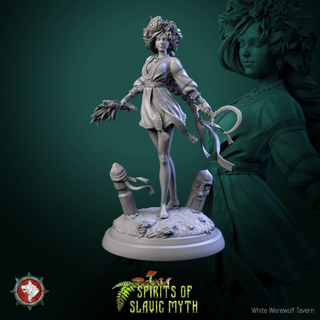 Render of Zarya Poleva Display Model | 75mm Slavic Field Spirit: Flower-crowned field-spirit maiden with wheat and ribboned sickle, from White Werewolf's Spirits of Slavic Myth. 75mm 3D printed resin display model.