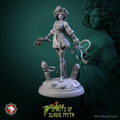 Render of Zarya Poleva Display Model | 75mm Slavic Field Spirit: Flower-crowned field-spirit maiden with wheat and ribboned sickle, from White Werewolf's Spirits of Slavic Myth. 75mm 3D printed resin display model.