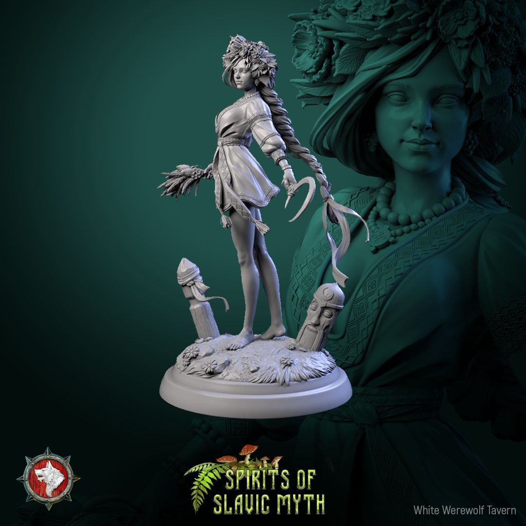 Render of Zarya Poleva Display Model | 75mm Slavic Field Spirit: Flower-crowned field-spirit maiden with wheat and ribboned sickle, from White Werewolf's Spirits of Slavic Myth. 75mm 3D printed resin display model.