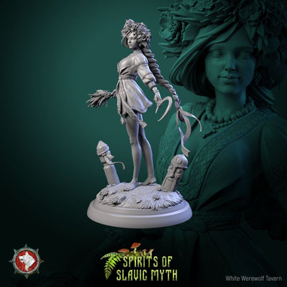 Render of Zarya Poleva Display Model | 75mm Slavic Field Spirit: Flower-crowned field-spirit maiden with wheat and ribboned sickle, from White Werewolf's Spirits of Slavic Myth. 75mm 3D printed resin display model.
