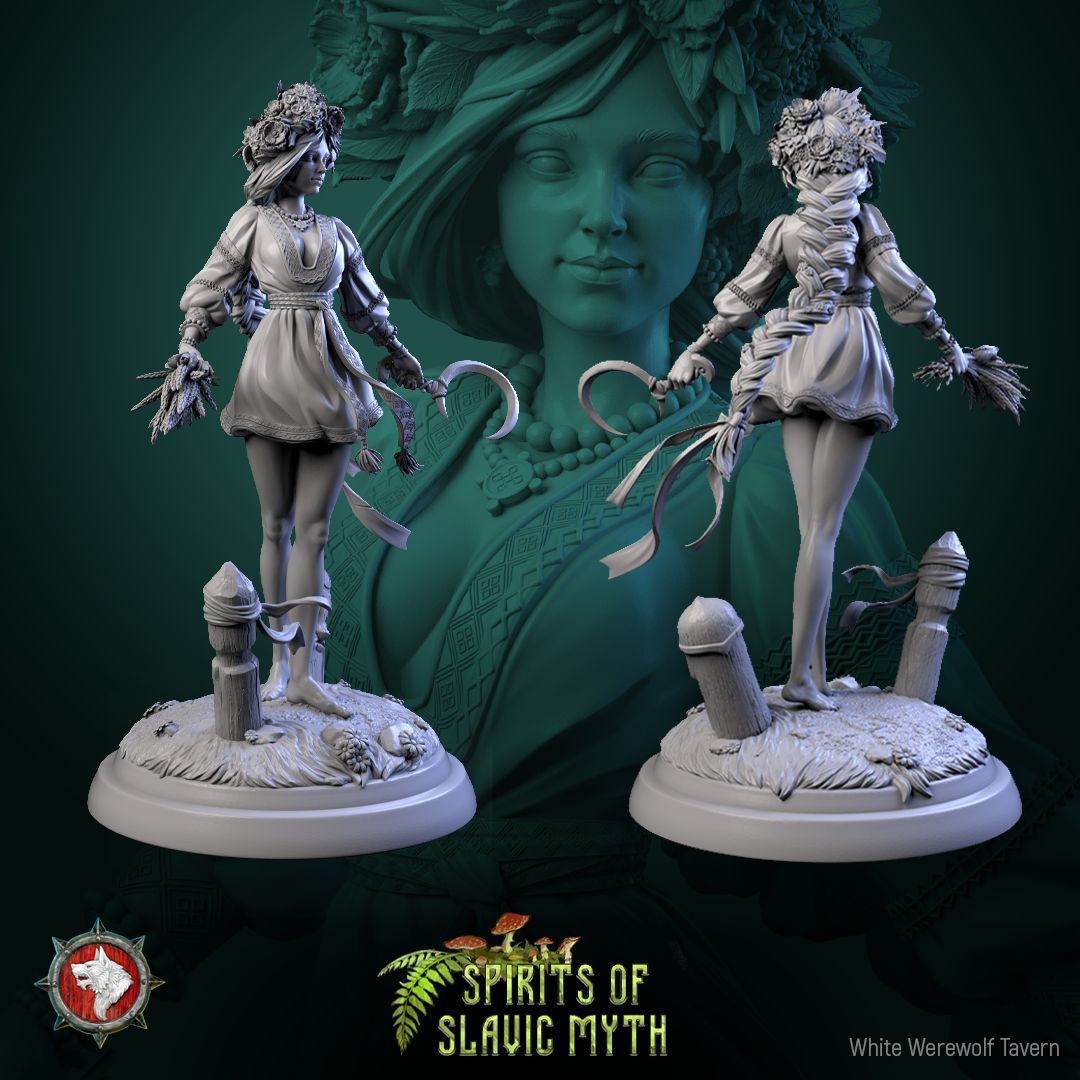 Render of Zarya Poleva Display Model | 75mm Slavic Field Spirit: Flower-crowned field-spirit maiden with wheat and ribboned sickle, from White Werewolf's Spirits of Slavic Myth. 75mm 3D printed resin display model.