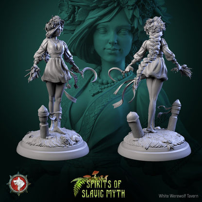 Render of Zarya Poleva Display Model | 75mm Slavic Field Spirit: Flower-crowned field-spirit maiden with wheat and ribboned sickle, from White Werewolf's Spirits of Slavic Myth. 75mm 3D printed resin display model.