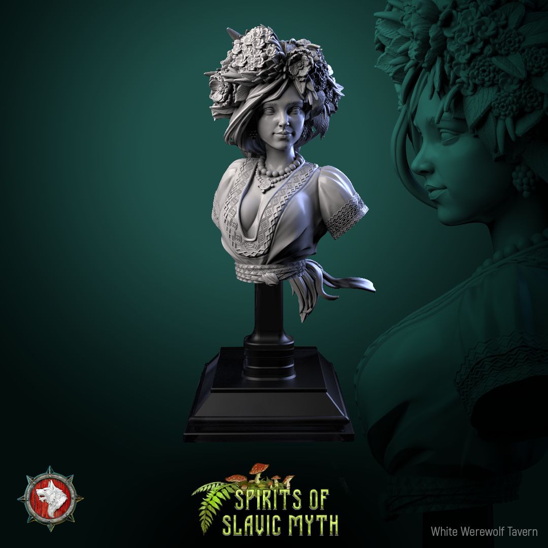 Render of Zarya Poleva Bust | Slavic Field Spirit Collector Bust: Flower-crowned field-spirit maiden bust with embroidered blouse, from White Werewolf's Spirits of Slavic Myth. 3D printed resin collector bust.