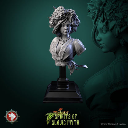 Render of Zarya Poleva Bust | Slavic Field Spirit Collector Bust: Flower-crowned field-spirit maiden bust with embroidered blouse, from White Werewolf's Spirits of Slavic Myth. 3D printed resin collector bust.
