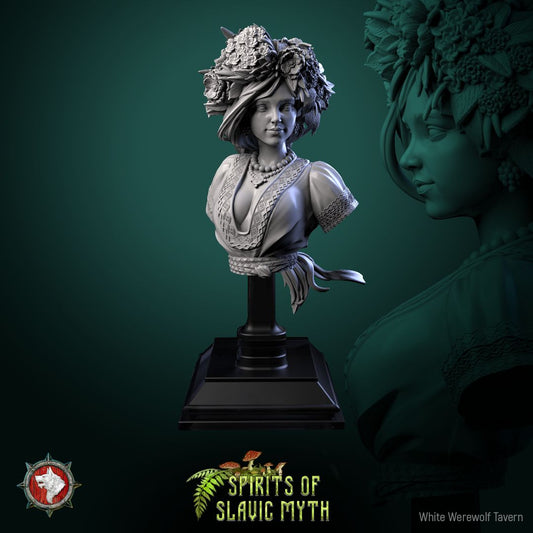 Render of Zarya Poleva Bust | Slavic Field Spirit Collector Bust: Flower-crowned field-spirit maiden bust with embroidered blouse, from White Werewolf's Spirits of Slavic Myth. 3D printed resin collector bust.