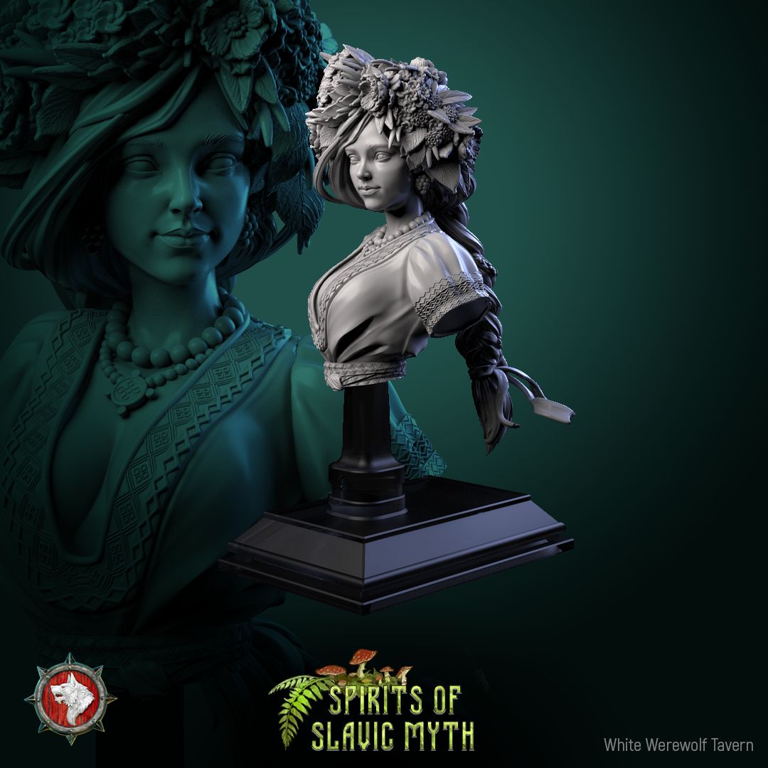 Render of Zarya Poleva Bust | Slavic Field Spirit Collector Bust: Flower-crowned field-spirit maiden bust with embroidered blouse, from White Werewolf's Spirits of Slavic Myth. 3D printed resin collector bust.