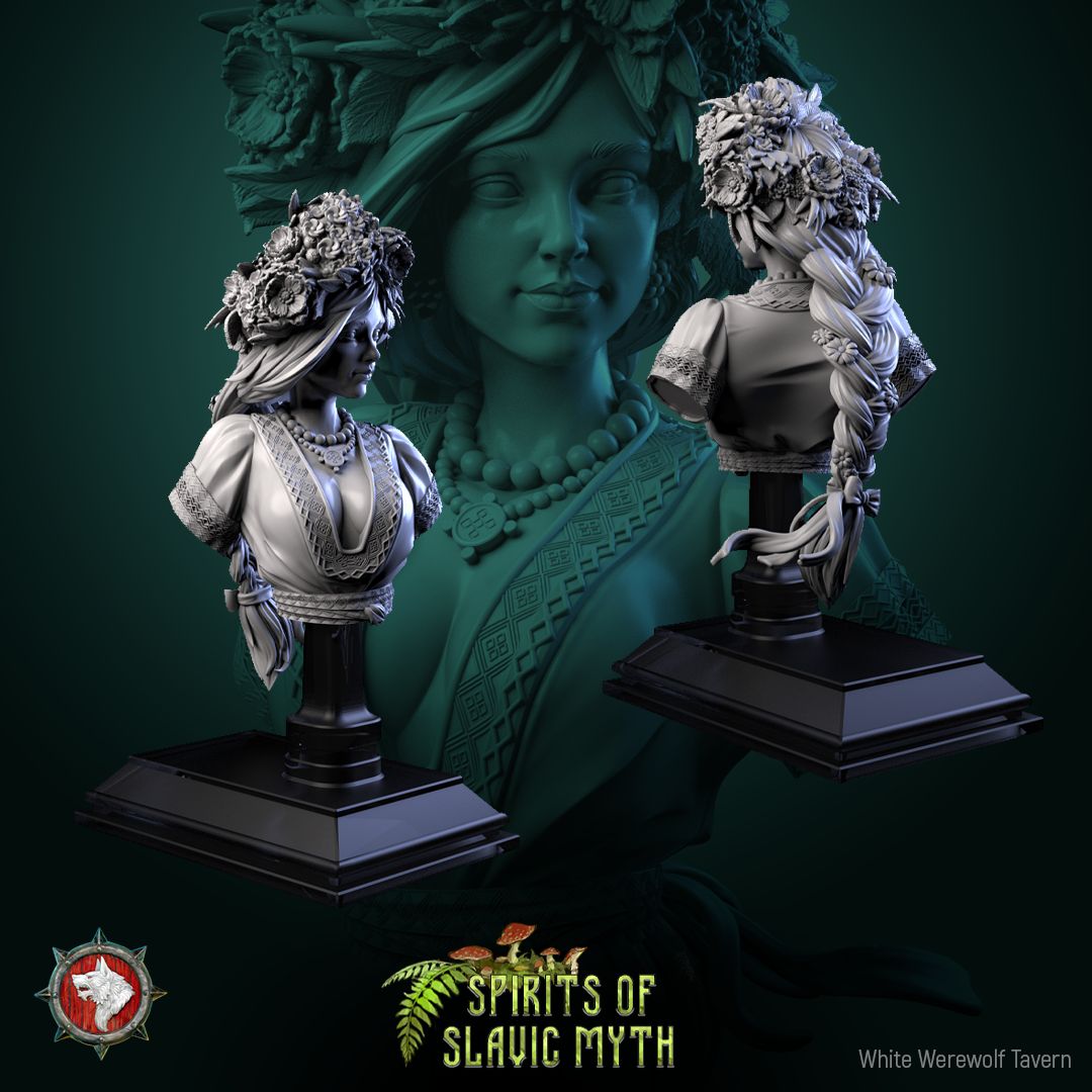 Render of Zarya Poleva Bust | Slavic Field Spirit Collector Bust: Flower-crowned field-spirit maiden bust with embroidered blouse, from White Werewolf's Spirits of Slavic Myth. 3D printed resin collector bust.