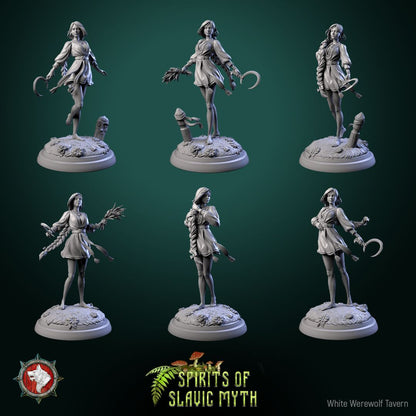 Render of Zarya Poleva | 32mm Slavic Field Spirit Miniatures: Six barefoot field-spirit maidens with sickles and wheat sheaves, from White Werewolf's Spirits of Slavic Myth. 32mm 3D printed resin, single or set.