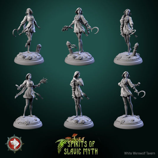 Render of Zarya Poleva | 32mm Slavic Field Spirit Miniatures: Six barefoot field-spirit maidens with sickles and wheat sheaves, from White Werewolf's Spirits of Slavic Myth. 32mm 3D printed resin, single or set.