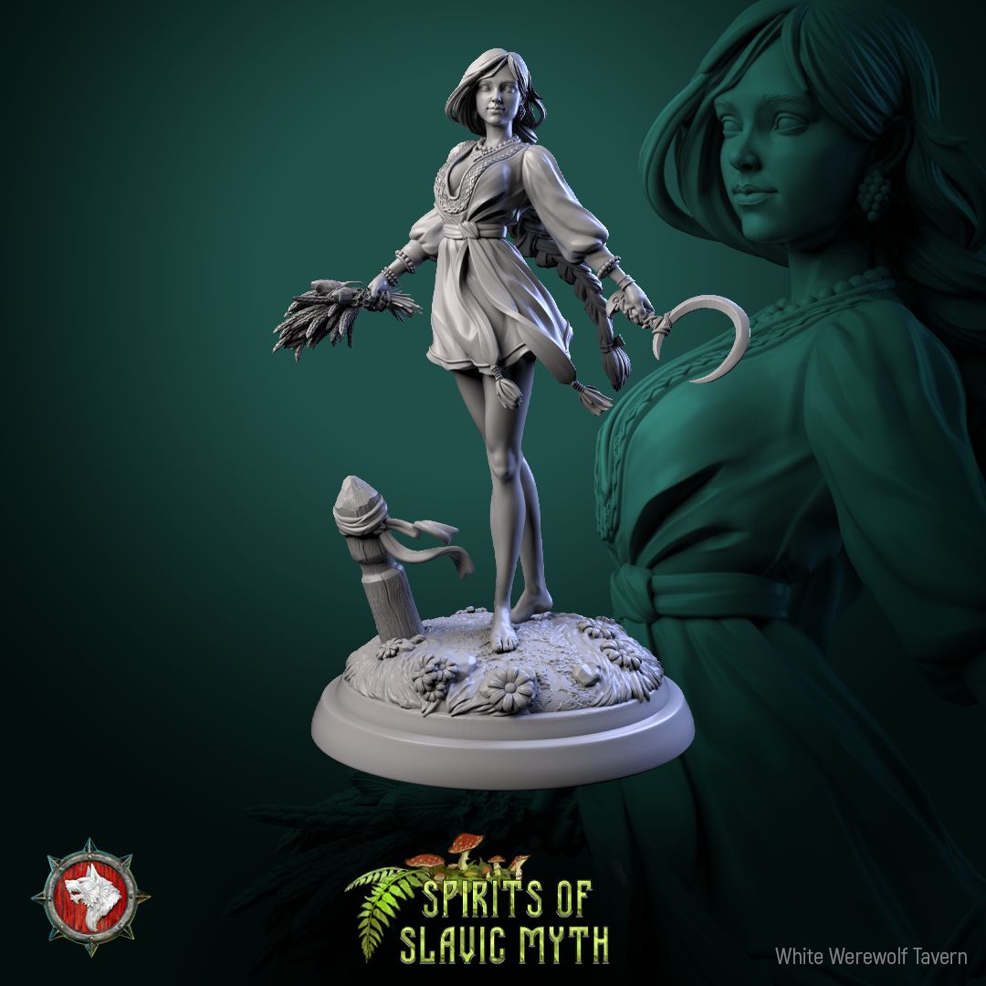 Render of Zarya Poleva | 32mm Slavic Field Spirit Miniatures: Six barefoot field-spirit maidens with sickles and wheat sheaves, from White Werewolf's Spirits of Slavic Myth. 32mm 3D printed resin, single or set.