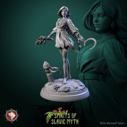 Render of Zarya Poleva | 32mm Slavic Field Spirit Miniatures: Six barefoot field-spirit maidens with sickles and wheat sheaves, from White Werewolf's Spirits of Slavic Myth. 32mm 3D printed resin, single or set.