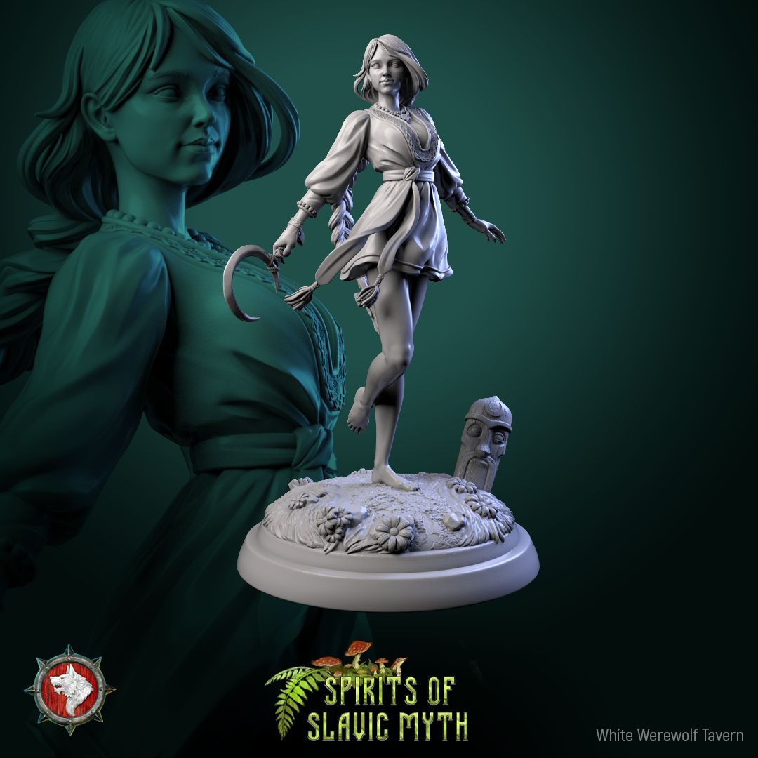 Render of Zarya Poleva | 32mm Slavic Field Spirit Miniatures: Six barefoot field-spirit maidens with sickles and wheat sheaves, from White Werewolf's Spirits of Slavic Myth. 32mm 3D printed resin, single or set.