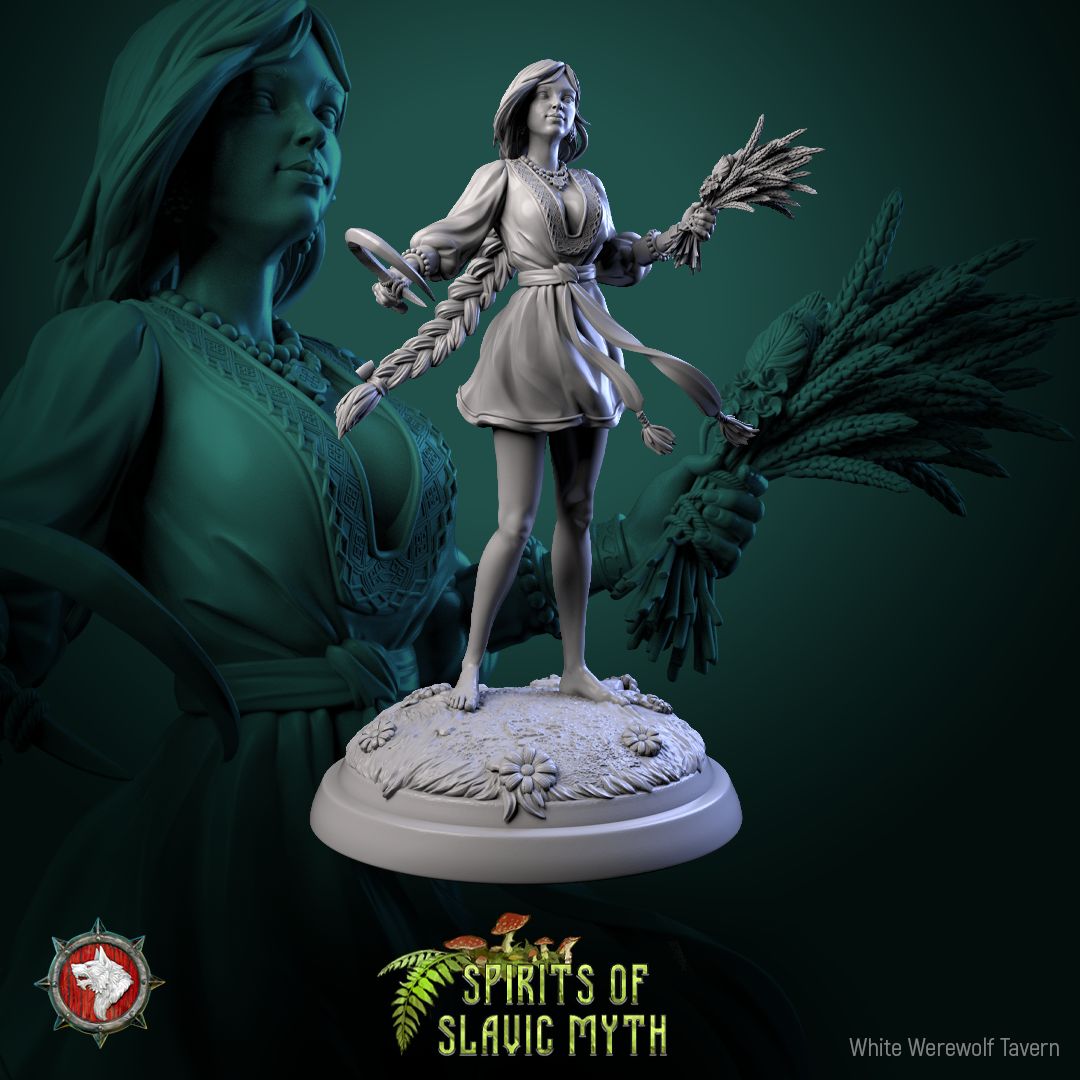 Render of Zarya Poleva | 32mm Slavic Field Spirit Miniatures: Six barefoot field-spirit maidens with sickles and wheat sheaves, from White Werewolf's Spirits of Slavic Myth. 32mm 3D printed resin, single or set.
