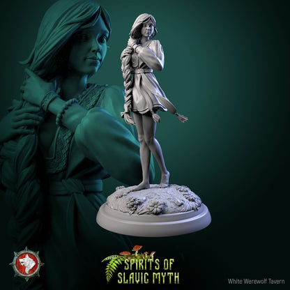 Render of Zarya Poleva | 32mm Slavic Field Spirit Miniatures: Six barefoot field-spirit maidens with sickles and wheat sheaves, from White Werewolf's Spirits of Slavic Myth. 32mm 3D printed resin, single or set.