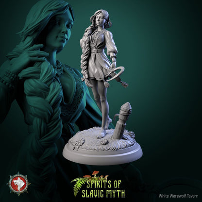 Render of Zarya Poleva | 32mm Slavic Field Spirit Miniatures: Six barefoot field-spirit maidens with sickles and wheat sheaves, from White Werewolf's Spirits of Slavic Myth. 32mm 3D printed resin, single or set.