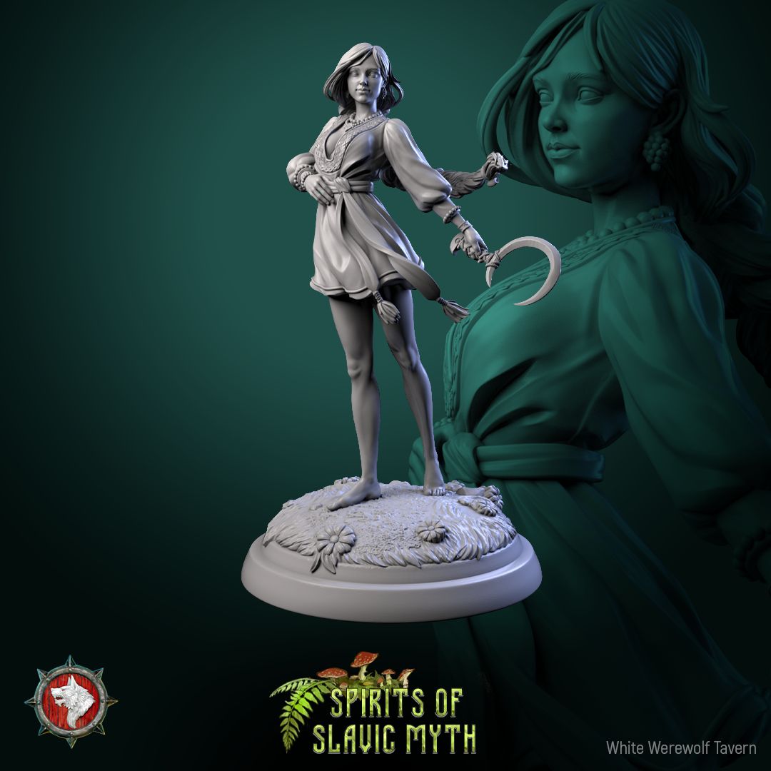 Render of Zarya Poleva | 32mm Slavic Field Spirit Miniatures: Six barefoot field-spirit maidens with sickles and wheat sheaves, from White Werewolf's Spirits of Slavic Myth. 32mm 3D printed resin, single or set.