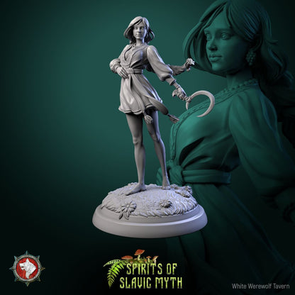 Render of Zarya Poleva | 32mm Slavic Field Spirit Miniatures: Six barefoot field-spirit maidens with sickles and wheat sheaves, from White Werewolf's Spirits of Slavic Myth. 32mm 3D printed resin, single or set.