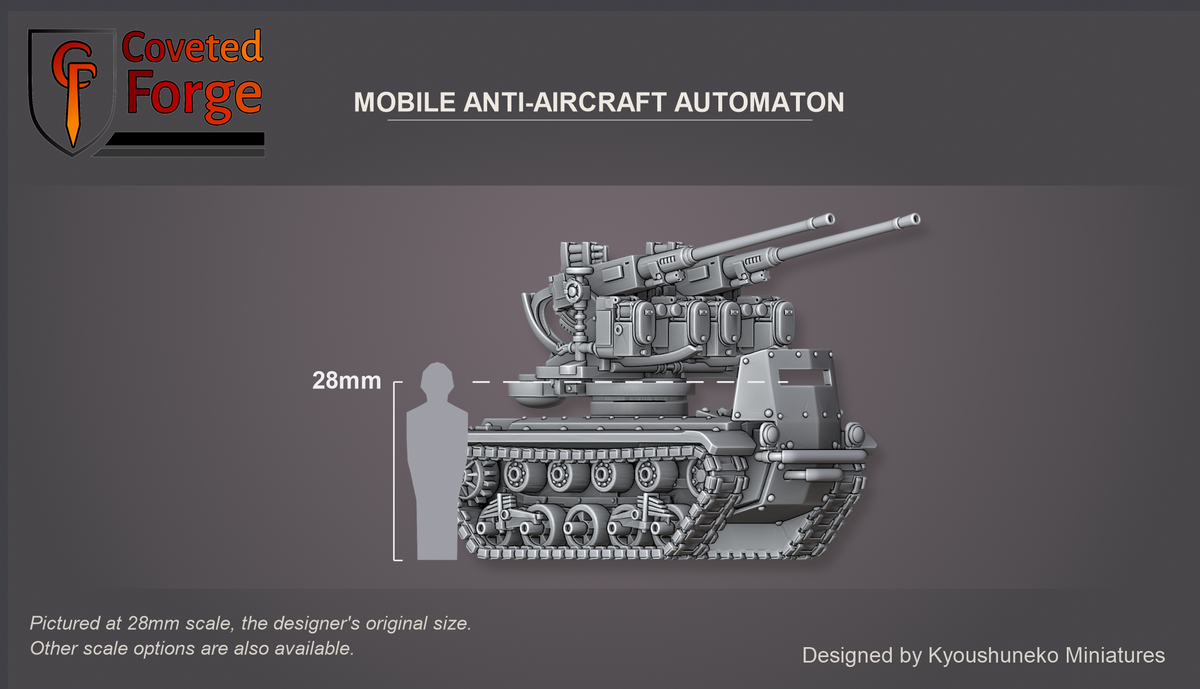 Coveted Forge scale reference: the Mobile Anti-Aircraft Automaton at 28mm beside a 28mm human silhouette, front three-quarter view, hull with tracks and turret assembled at the designer's placed positions; 15mm and 23mm downscales and 32mm to 54mm upscales also available.