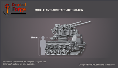 Coveted Forge scale reference: the Mobile Anti-Aircraft Automaton at 28mm beside a 28mm human silhouette, front three-quarter view, hull with tracks and turret assembled at the designer's placed positions; 15mm and 23mm downscales and 32mm to 54mm upscales also available.