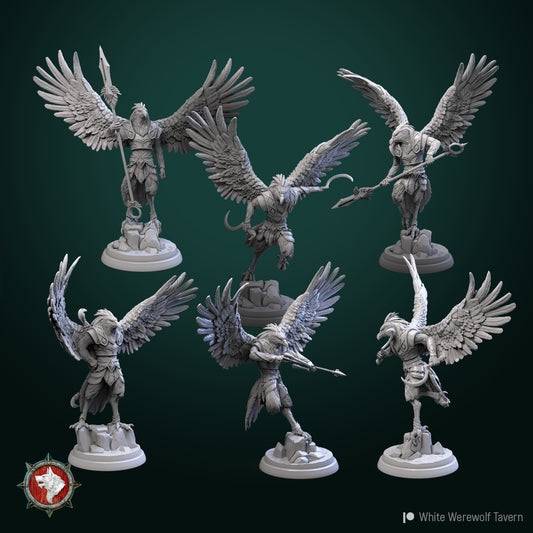 Six aarakocra bird-folk warrior resin miniatures with spread wings, spears, bows and hooked blades