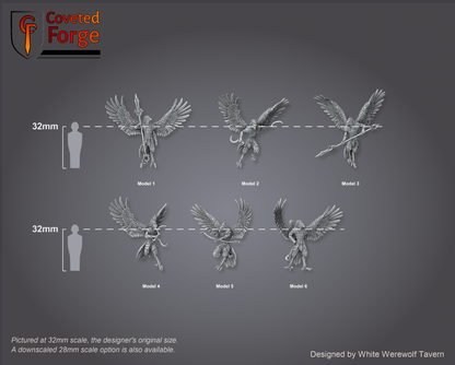 Scale lineup of all six aarakocra warriors numbered beside 32mm human silhouettes