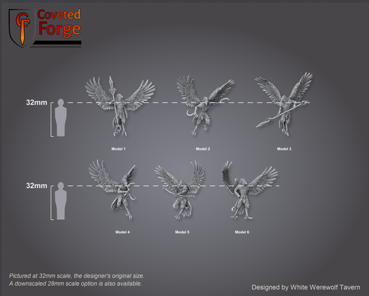 Scale lineup of all six aarakocra warriors numbered beside 32mm human silhouettes