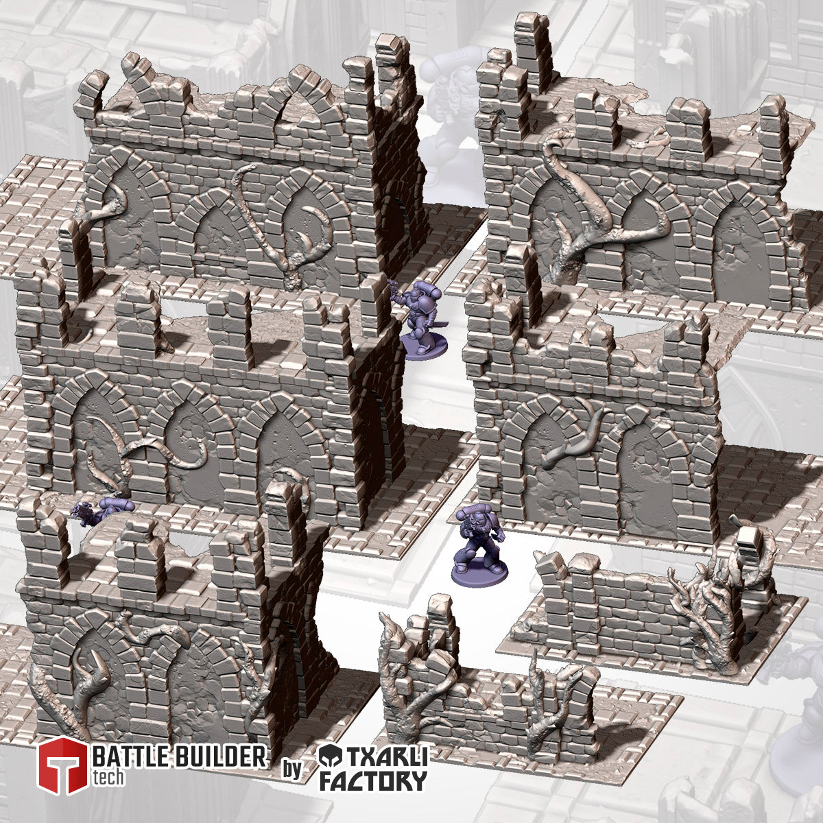 Abandoned Gothic Ruins full set: two-storey gothic ruins, low walls and footprints beside 32mm figures (Txarli Factory render)