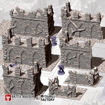 Abandoned Gothic Ruins full set: two-storey gothic ruins, low walls and footprints beside 32mm figures (Txarli Factory render)