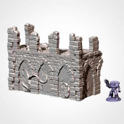 C-Shaped Ruin 8x4in: two-storey gothic ruin beside a 32mm figure (Txarli Factory render)