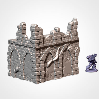 Corner Ruin 6x5in A: two-storey gothic ruin beside a 32mm figure (Txarli Factory render)