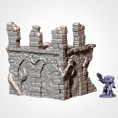 Corner Ruin 6x5in B: two-storey gothic ruin beside a 32mm figure (Txarli Factory render)