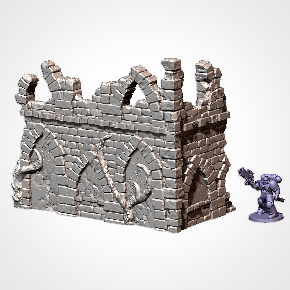 Corner Ruin 8x4in B: two-storey gothic ruin beside a 32mm figure (Txarli Factory render)