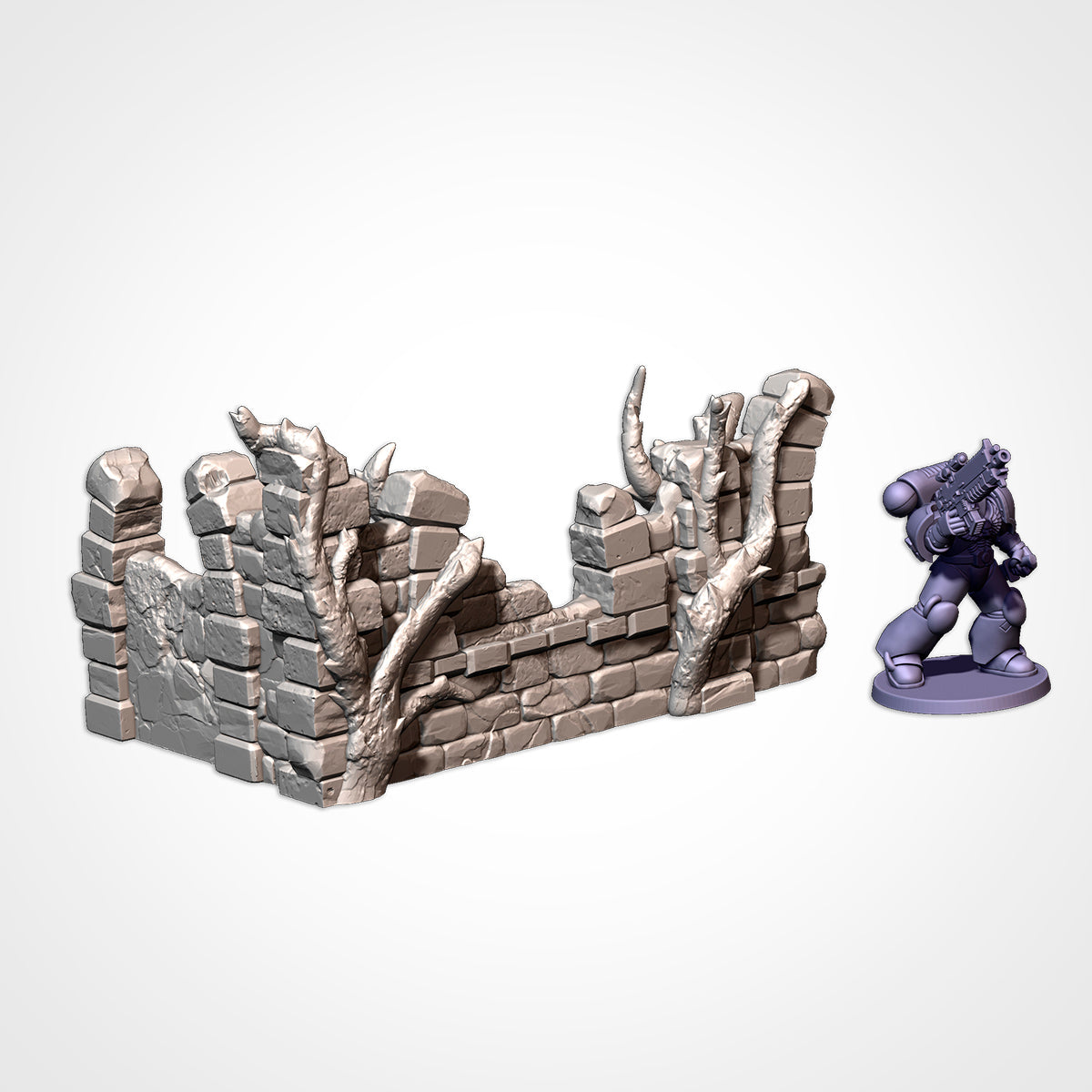 Low Wall 5x3.5in A: low corner wall with root growth beside a 32mm figure (Txarli Factory render)