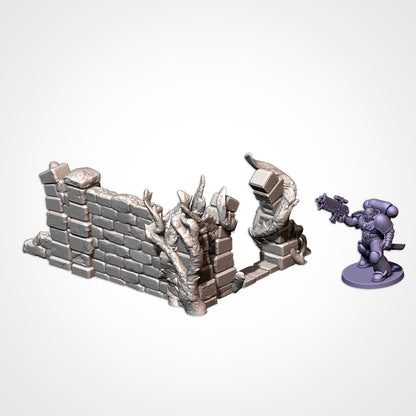 Low Wall 5x3.5in B: low corner wall with root growth beside a 32mm figure (Txarli Factory render)