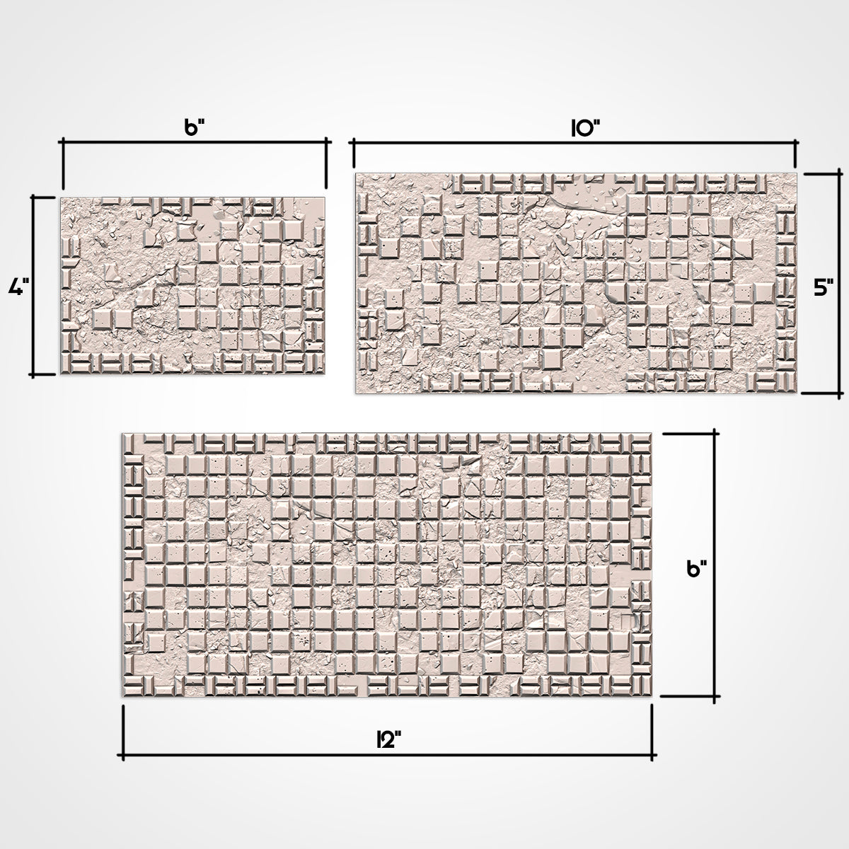Footprints: 6 x 4 in, 10 x 5 in and 12 x 6 in footprints with measurements (Txarli Factory render)