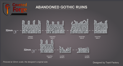 Abandoned Gothic Ruins scale lineup at 32mm, the original scale: each ruin assembled and labelled beside a 32mm figure silhouette; C-Shaped Ruin 8x4in 212 x 107 x 149 mm, Corner Ruin 8x4in A 203 x 103 x 149 mm, Corner Ruin 8x4in B 203 x 103 x 161 mm, Corner Ruin 6x5in A 154 x 127 x 150 mm, Corner Ruin 6x5in B 153 x 118 x 149 mm, Low Wall 5x3.5in A 133 x 88 x 75 mm, Low Wall 5x3.5in B 142 x 101 x 65 mm (Coveted Forge scale render)