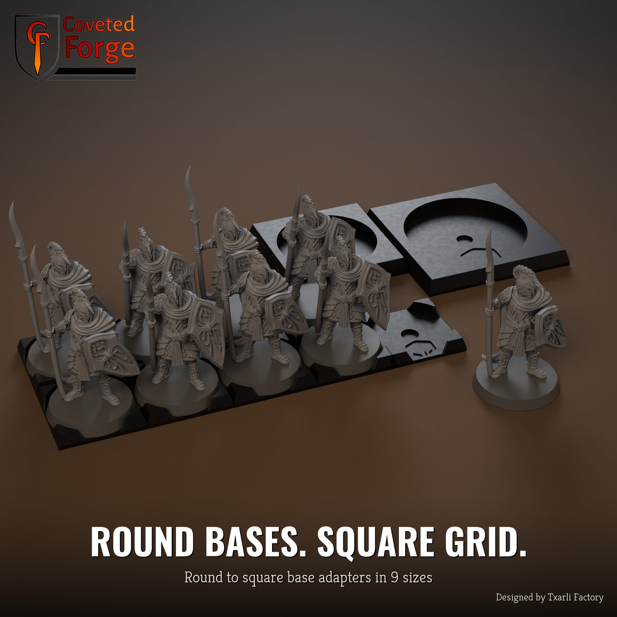 Round to square base adapters with round-based miniatures ranked on a square grid
