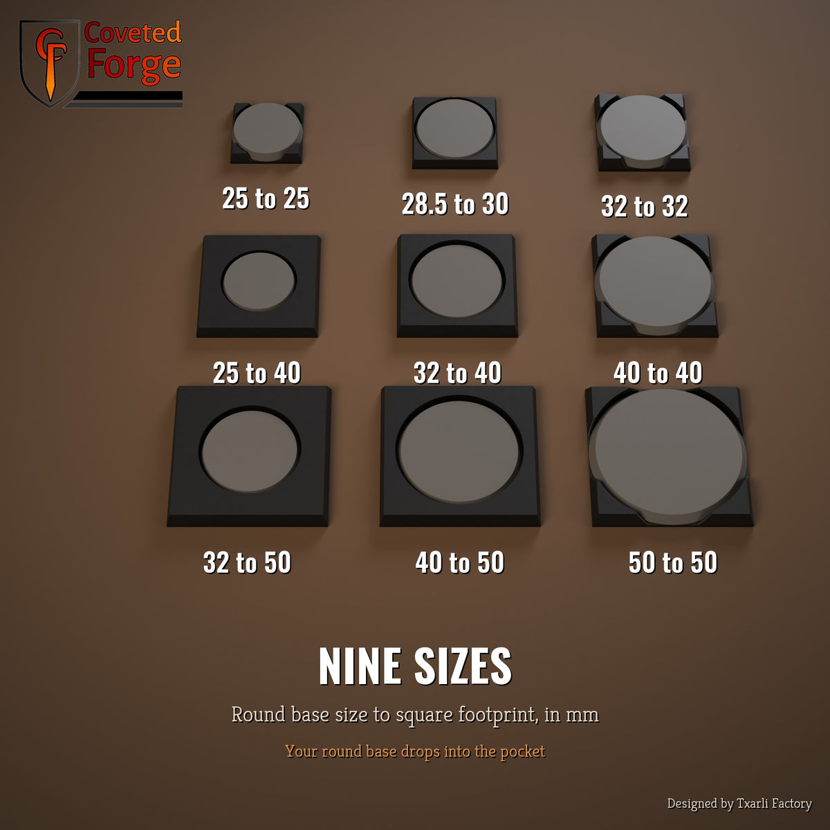Nine round to square base adapter sizes, 25mm to 50mm