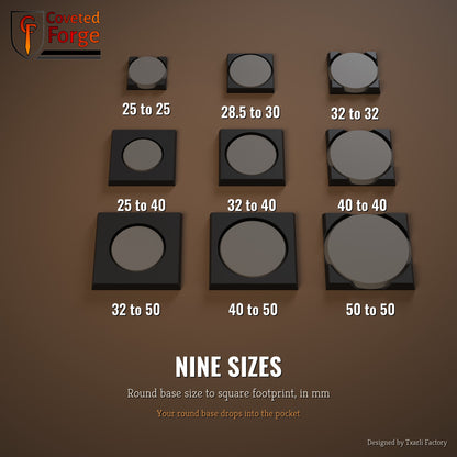 Nine round to square base adapter sizes, 25mm to 50mm