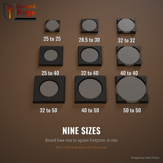 Nine round to square base adapter sizes, 25mm to 50mm