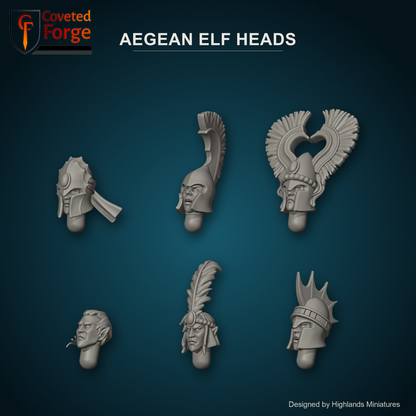 Aegean Elf Heads by Highlands Miniatures: one head from each of the 6 styles (Sea Guard, Spearmen, Nemean Lions, Nemean Lions with Bows, Ballista Crew and Sea Ballista Crew) in warm clay on a dark Aegean sea-blue backdrop, unpainted 3D-printed resin heads with neck pegs for 28mm, 32mm and 35mm conversions.